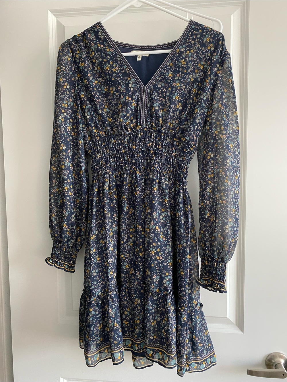 Max Studio Navy Floral Smocked-Waist V-Neck Dress